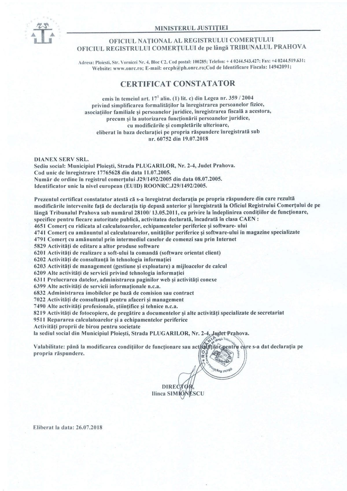 Certificat Constatator -Tipuri eliberate de ONRC - docloud.ro